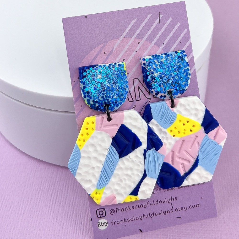 Abstract Textured Design Glitter Hexagon Dangle Handmade Clay Earrings - Picture 3 of 11